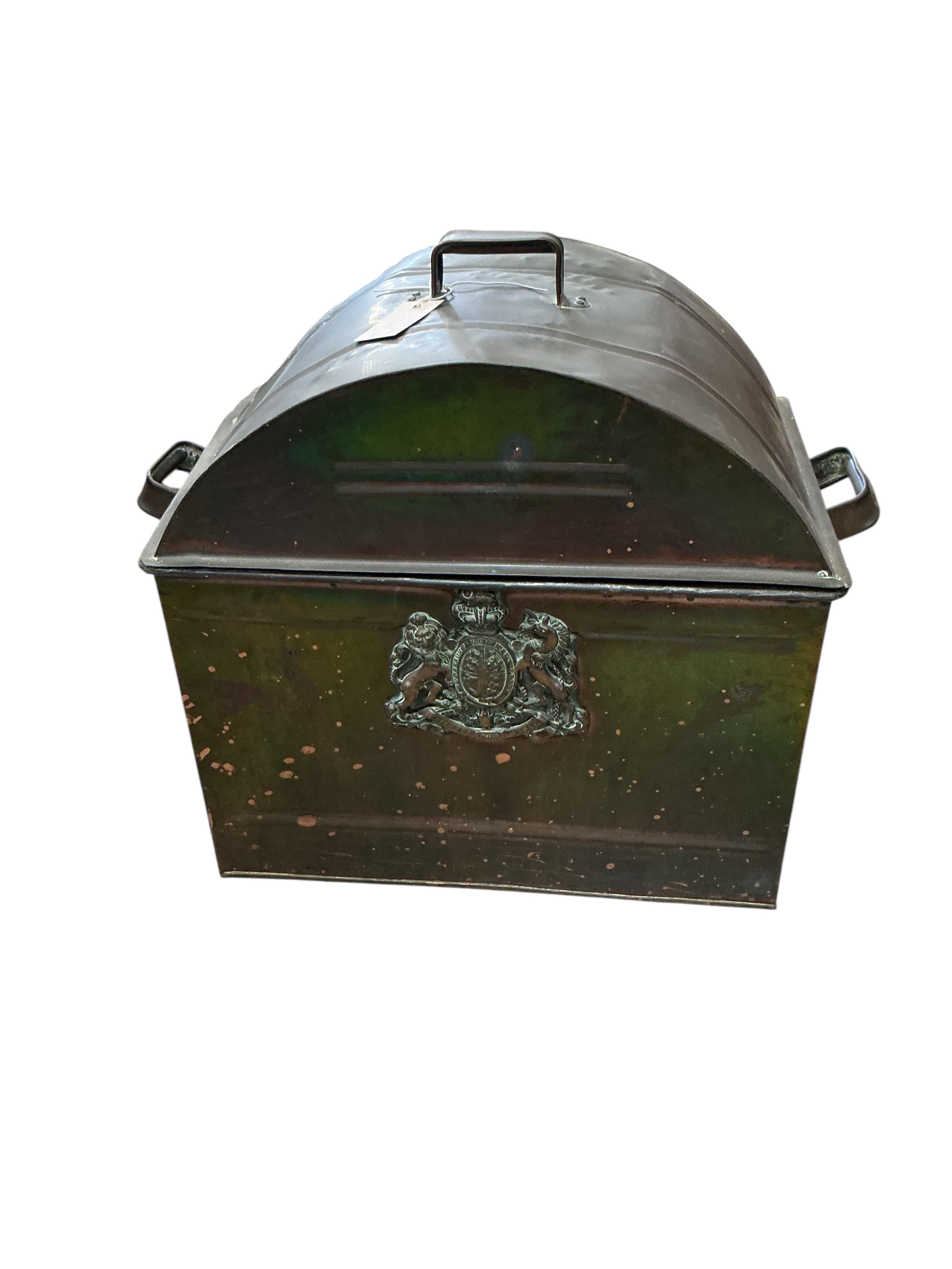A domed toleware coal bin applied royal crest, width 54cm together with a staved mahogany coal bucket and liner and a copper and brass lidded pail